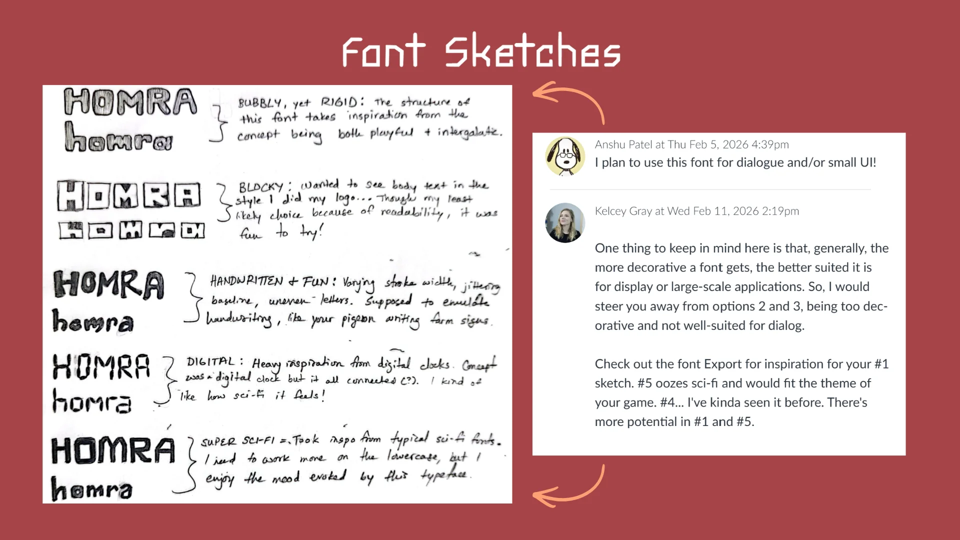 Font sketches with Kelcey's feedback